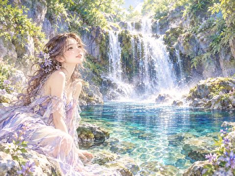 緑豊かな森で透明な滝が流れ落ち水しぶきが輝く夢
