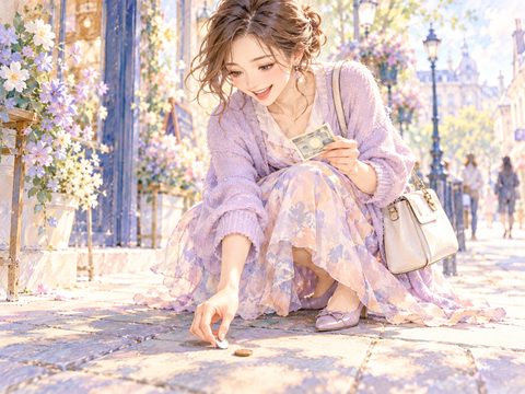 道端で硬貨とお札を見つけて笑顔で拾う女性の夢
