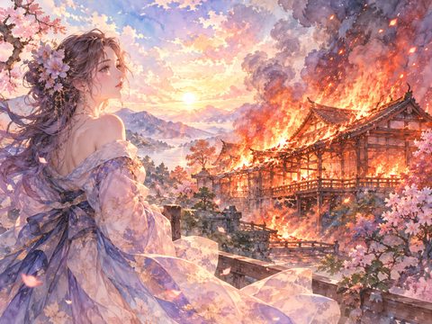 古い建物が大きな炎に包まれ、その向こうに明るい空が見える夢