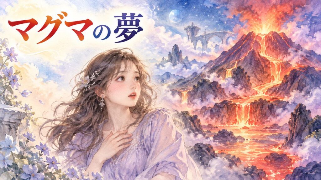 赤く輝くマグマを驚きと好奇心の表情で見つめるアザミ