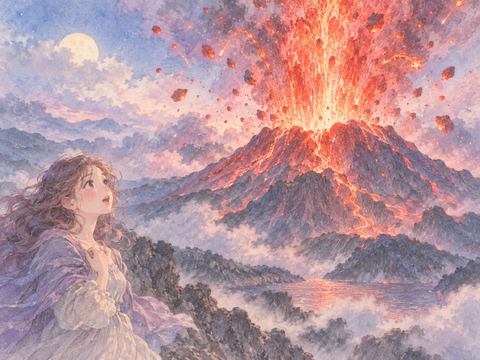 火山の火口から勢いよく噴き上がる赤いマグマ