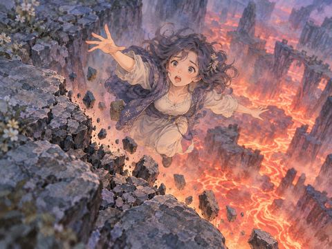 崩れた岩場から赤いマグマへ落ちそうになる女性