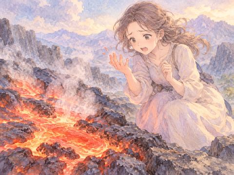 マグマに触れて驚き、手を引いて見つめる女性