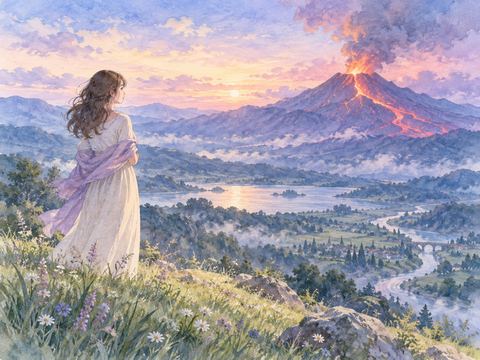 遠くの火山から流れるマグマを静かに眺める女性