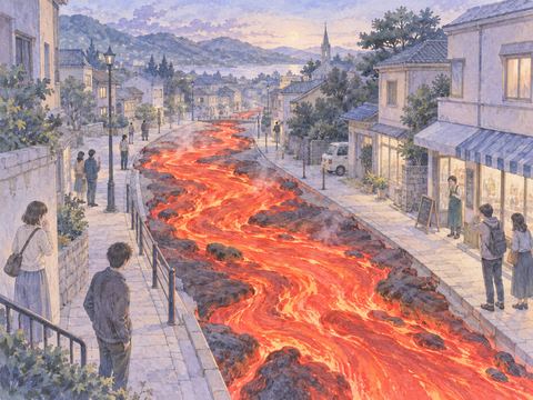 建物の間の道路を赤いマグマが流れる夢の街