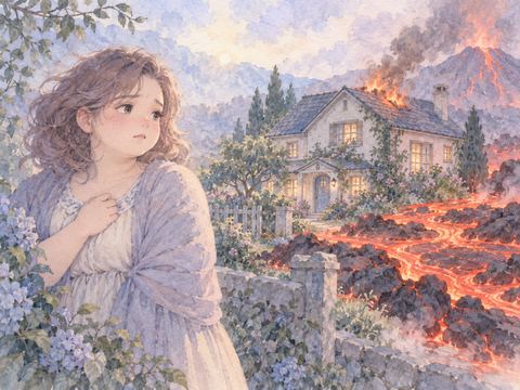 マグマが流れ込み燃える家を悲しそうに見つめる女性