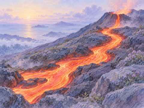 岩肌の間をゆっくり流れる赤く輝くマグマ