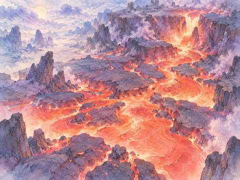 地面の裂け目からマグマがあふれて広がる光景