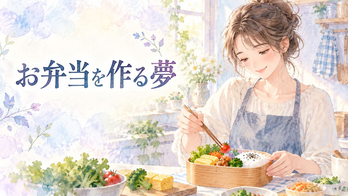 お弁当を作りながら優しく微笑む大人の女性