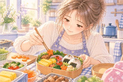 手作りのおかずを詰めたお弁当と大人の女性