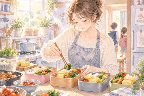 家族のために複数のお弁当を作る大人の女性