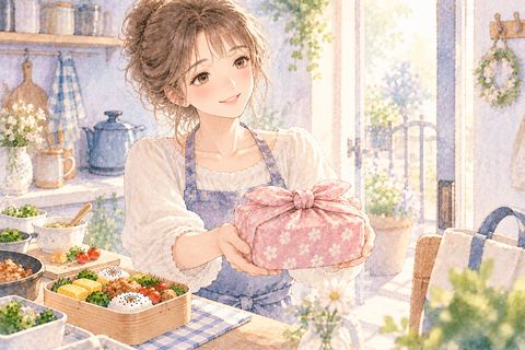 誰かのためのお弁当を丁寧に包む大人の女性