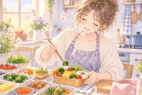 楽しそうに彩り豊かなお弁当を作る大人の女性