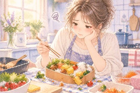 崩れたお弁当を見て困る大人の女性