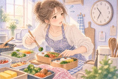 時計を見ながら急いでお弁当を作る大人の女性