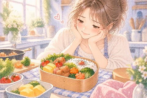 美味しそうに完成したお弁当を喜んで見る大人の女性
