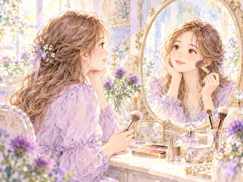 美しく仕上がったメイクを鏡で確認して微笑む女性