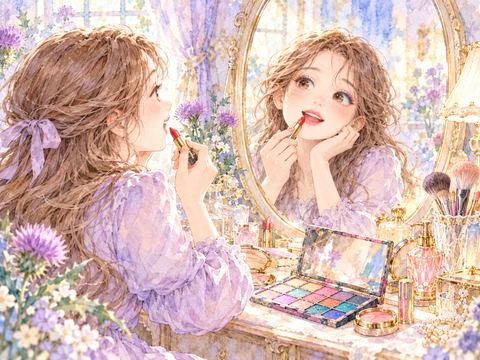 鮮やかなアイシャドウと口紅で華やかに装う女性