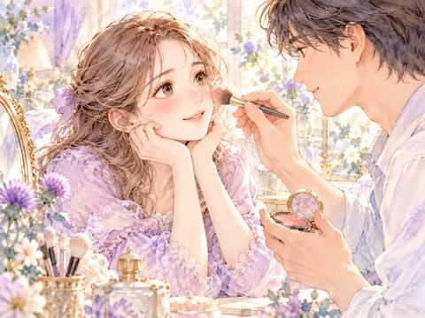 好きな男性に頬のメイクをしてもらい照れる女性