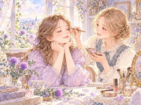 友達にアイシャドウを塗ってもらう女性