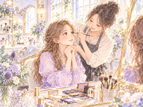 美容室でプロにメイクしてもらう女性