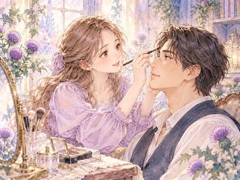 好きな男性の顔に優しくメイクする女性