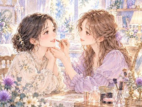 友達に口紅を塗ってあげる女性