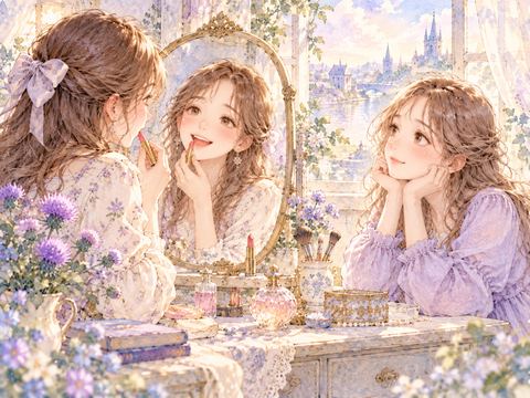 友人が鏡の前でメイクする姿を憧れの表情で見つめる女性