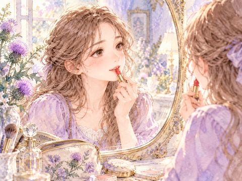 鏡を見ながら赤い口紅を丁寧に塗る女性