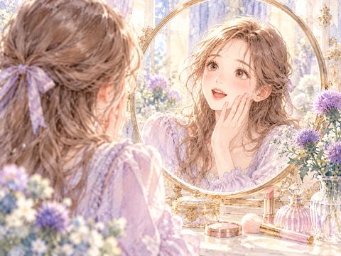 鏡に映る美しくメイクした自分に驚く女性