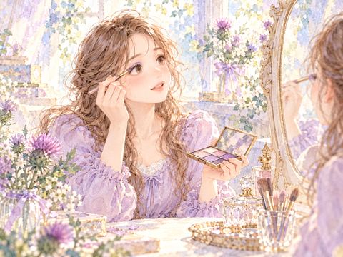 鮮やかなアイシャドウを楽しそうにまぶたへ塗る女性