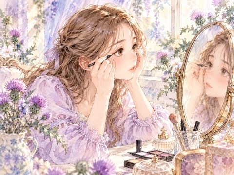 鏡を見ながら慎重にアイラインを引く女性