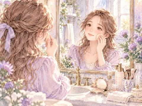 ファンデーションを頬に薄く伸ばして安心する女性
