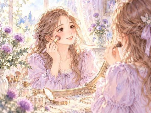 ピンク色のチークを頬にのせて微笑む女性