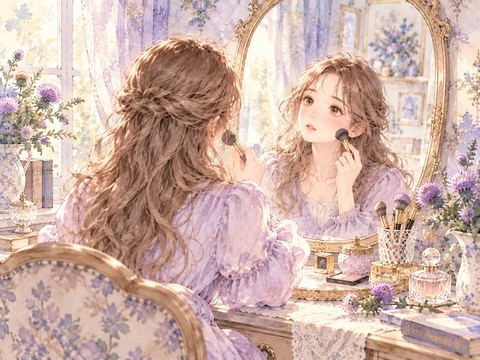 大きな鏡に映る自分を確かめながらメイクする女性