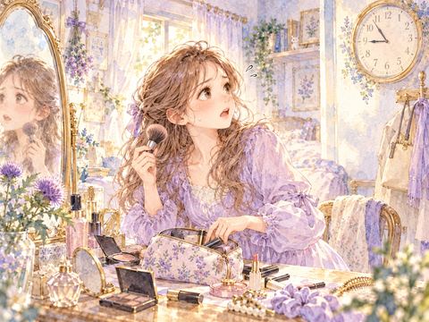 時計を気にしながら慌ててメイクする女性