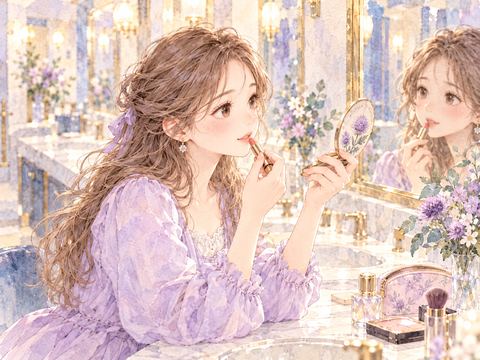 外出先でコンパクトミラーを見ながら口紅を塗り直す女性
