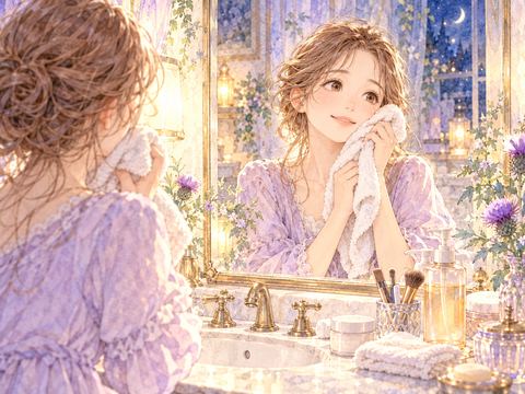 洗面台でメイクを落とし素顔になってほっとする女性