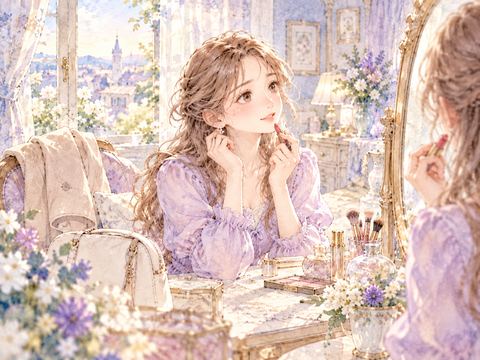 好きな人との待ち合わせ前に笑顔でメイクする女性