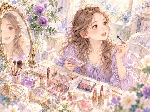 色とりどりの化粧品を選びながら楽しそうにメイクする女性