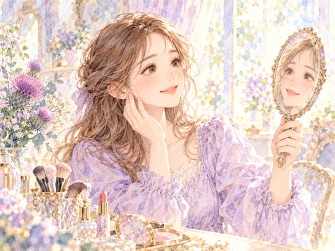 完成したメイクを鏡で見て嬉しそうに微笑む女性