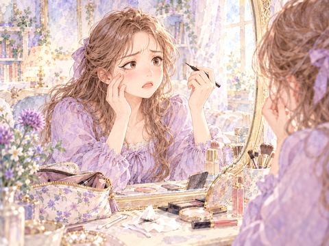 アイラインがうまく引けず鏡の前で焦る女性