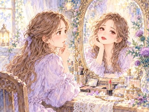 濃いメイクをした自分の顔を鏡で見て戸惑う女性