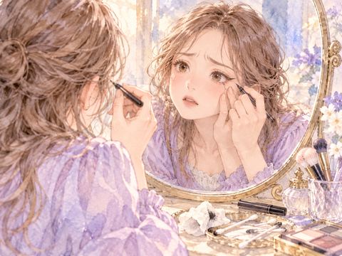 アイラインが曲がり何度も描き直す女性