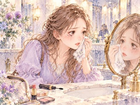 涙でマスカラがにじみ鏡を見て驚く女性