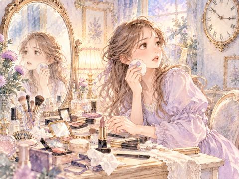 時計を気にしながら化粧を続けて焦る女性