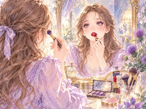 濃いアイメイクと赤い口紅を鏡で確認する女性