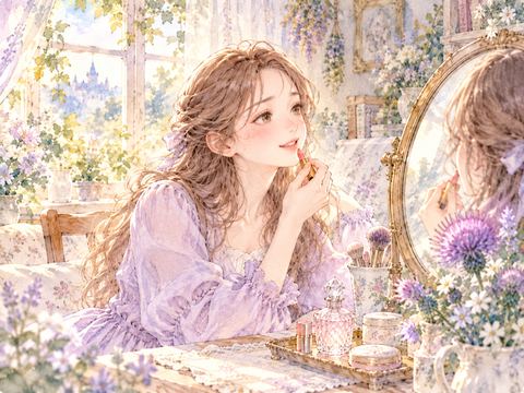 自然な薄いメイクを仕上げて微笑む女性