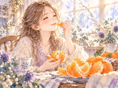 甘いみかんを一房食べて幸せそうに微笑む女性