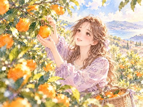 みかん畑で熟した実を丁寧に収穫する女性